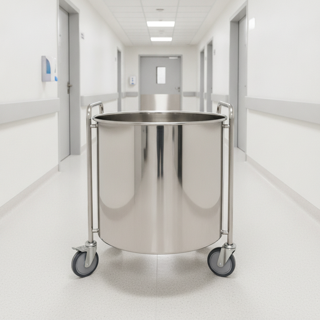 Carrinho com cuba inox 180L higieniza roupas sujas em hospitais