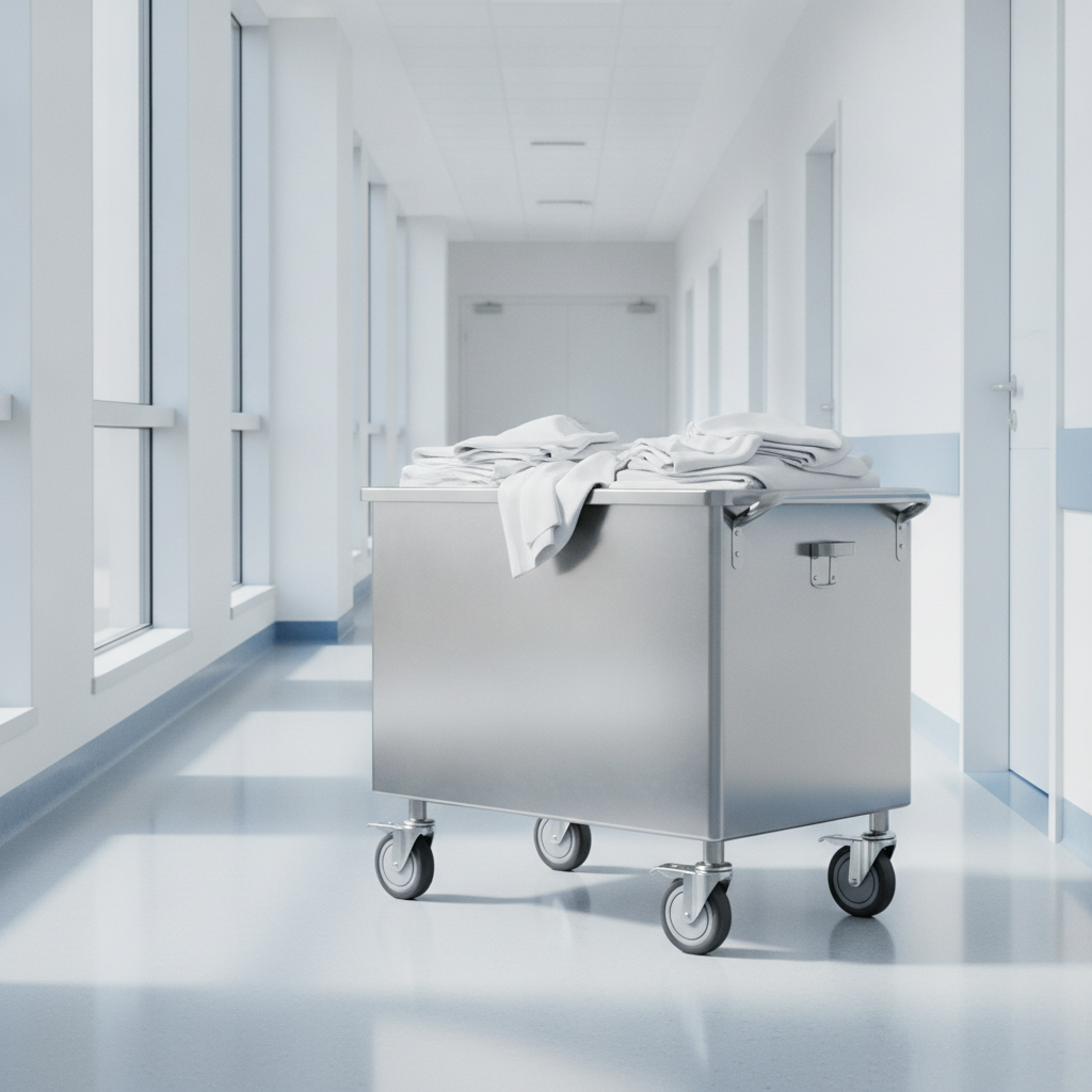 Carrinho com cuba inox 180L: higiene no transporte de roupas hospitalares